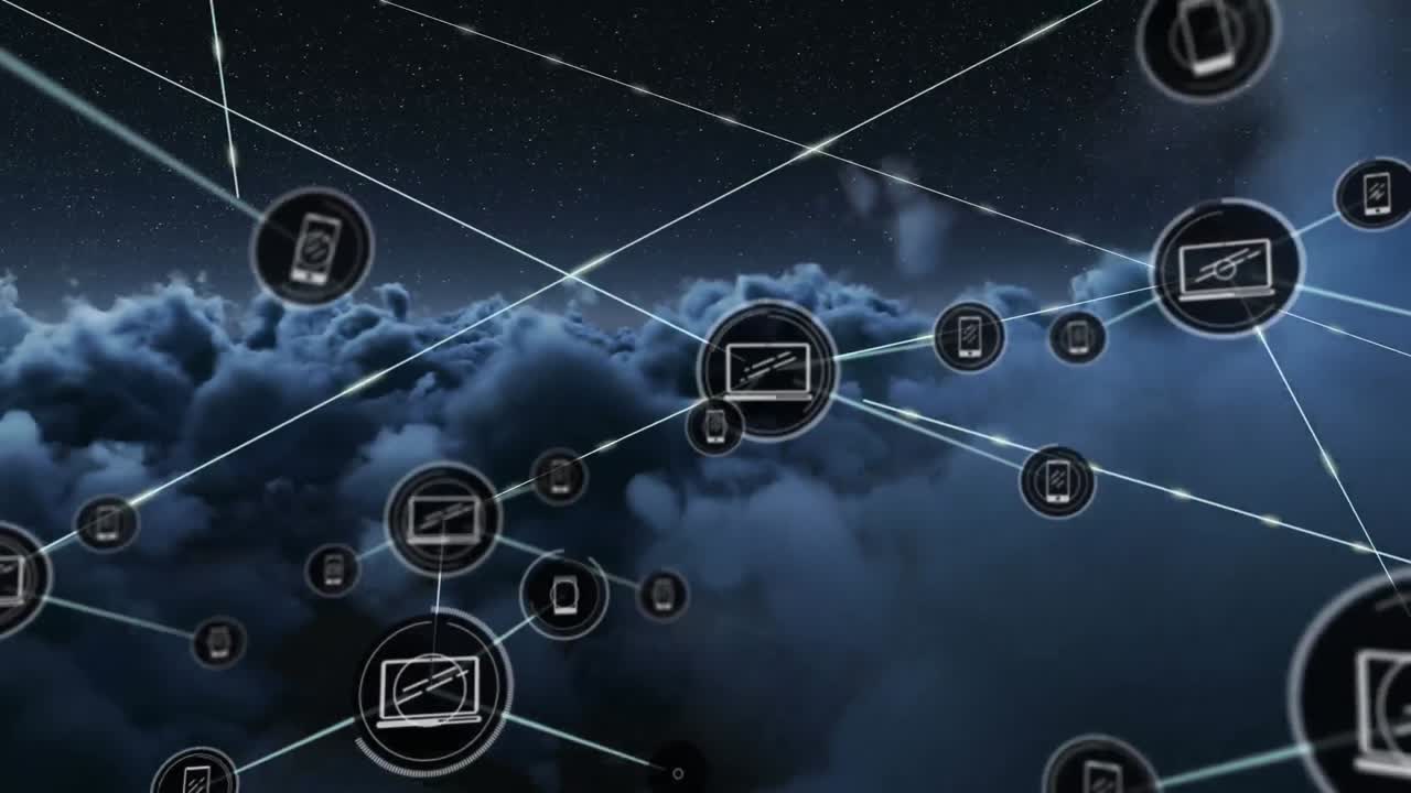 Animation of networks of connections with icons over sky