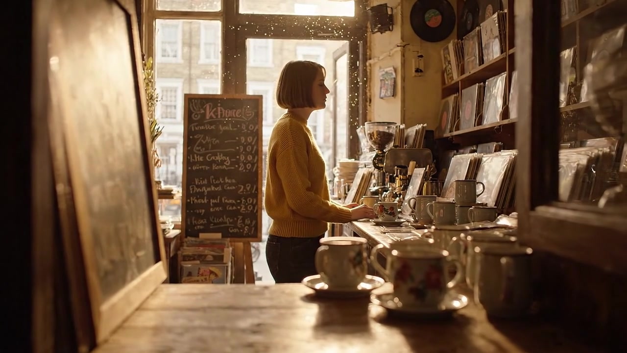 Scena di un accogliente caffè con una donna in maglione giallo che prepara bevande e sistema la merce tra illuminazione calda e arredamento vintage.
