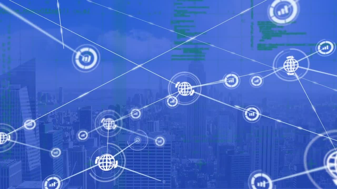 커뮤니케이션 아이콘의 네트워크 애니메이션과 파란색 배경의 데이터 처리