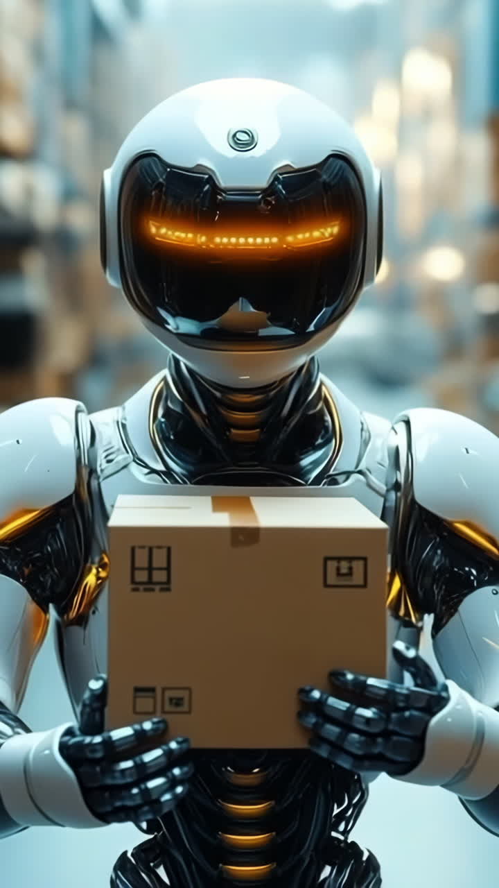 Robot handling packages in a warehouse. A humanoid robot moves through a warehouse, holding a brown cardboard box among organized shelves filled with packages.