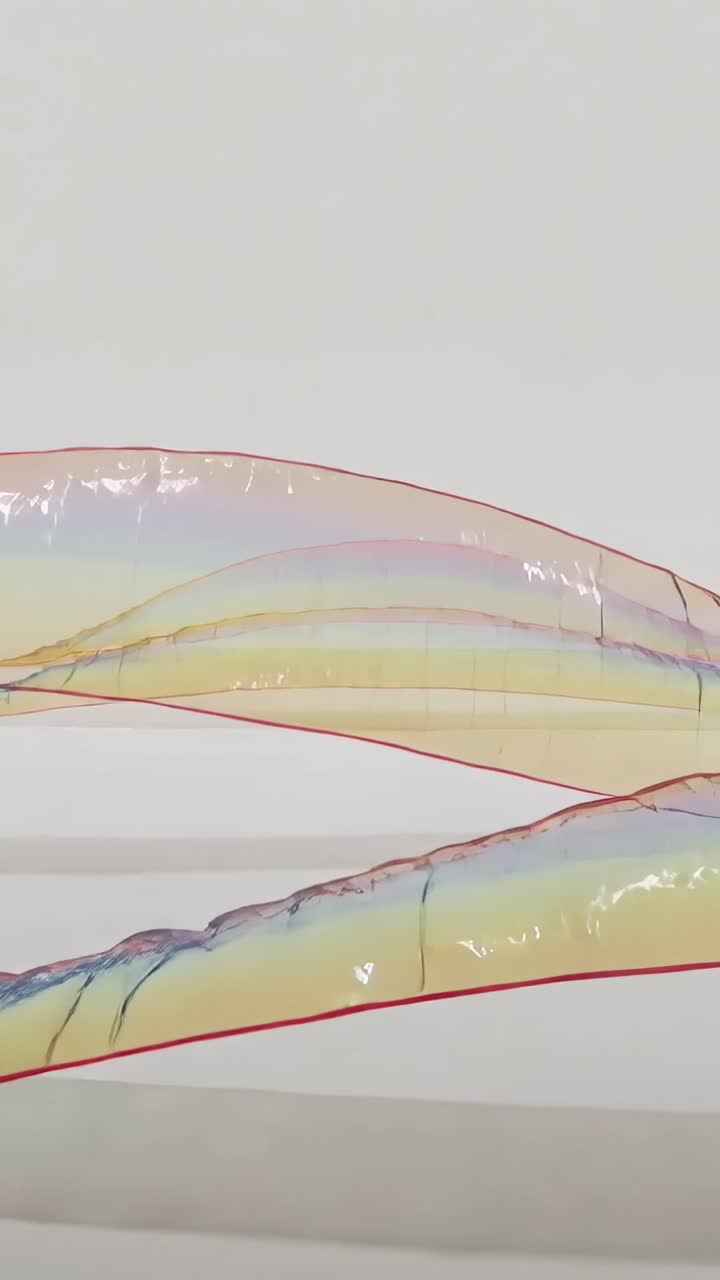 Vertical video: Panning view revealing iridescent inflated tubes in white gallery, showing red seam