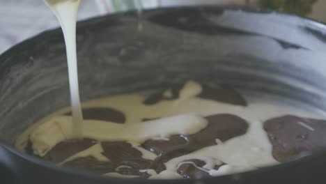 detail of the dough being put inside the pan to be baked, preparation of a cake