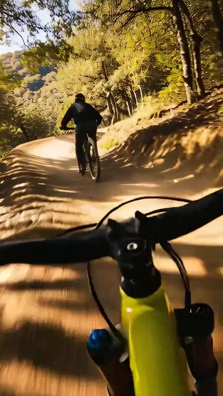 Vídeo vertical: Seguindo ciclista de bicicleta amarela guiando pela trilha atrás do líder pedalando, mantendo o ritmo e usando bonés.