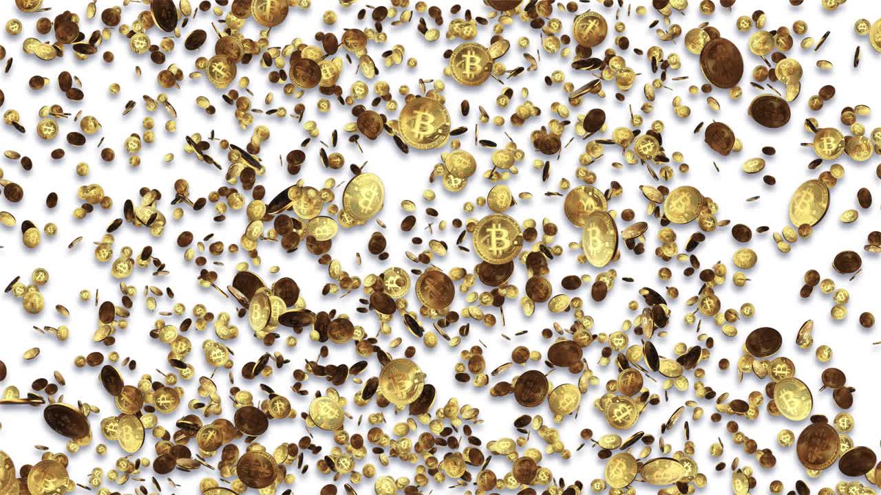 Bitcoins falling blockchain technology for cryptocurrency isolated on black background 3d word