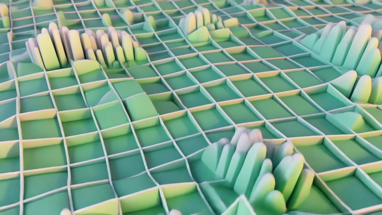 Abstract 3D Grid Surface with Pulsing Geometric Shapes
