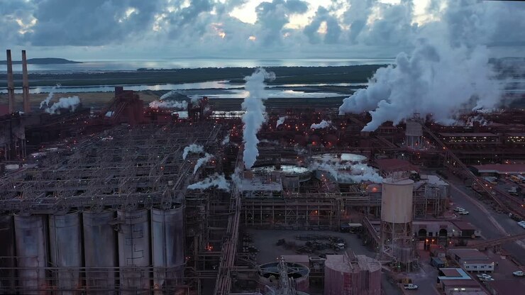 Drone shot of coal and metal factory at dawn, large steam smoke stacks operating