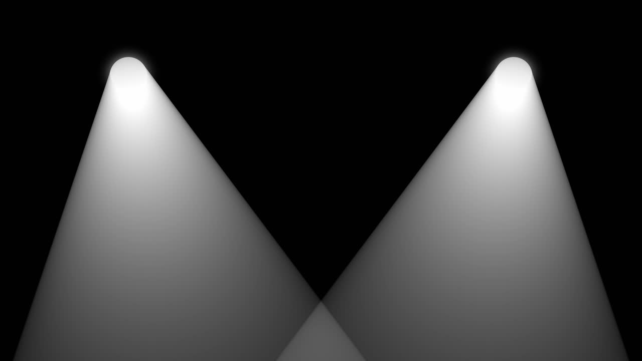 Animation loop of two white spotlights moving from left to right and crossing each other on a black background