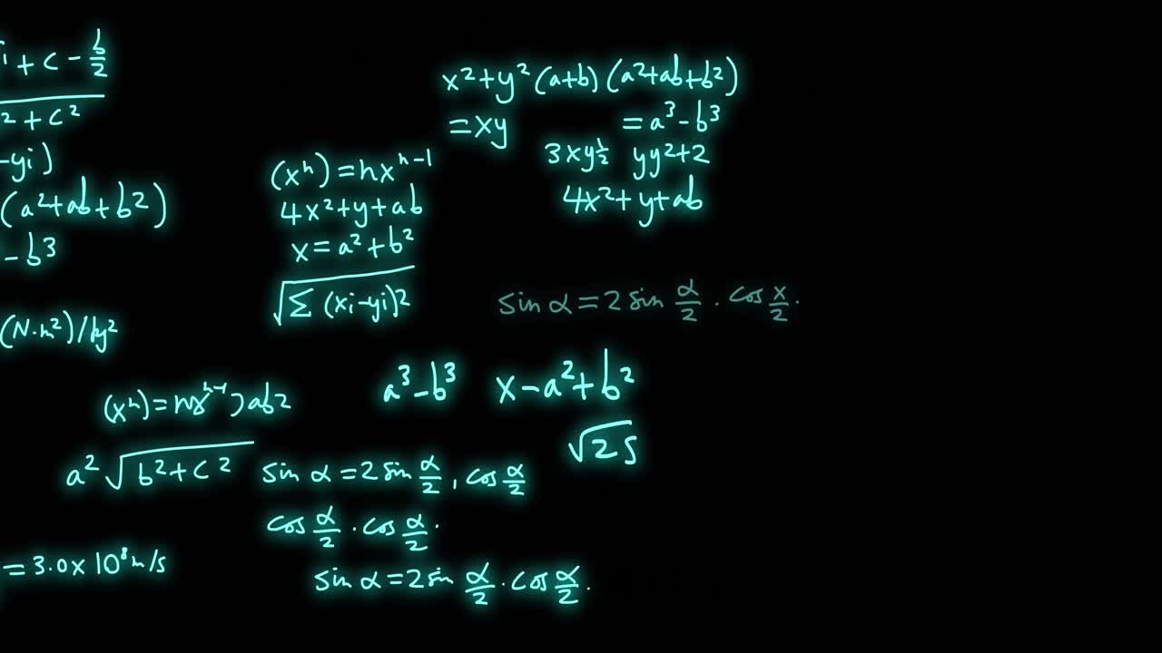 animación de fórmulas matemáticas y procesamiento de datos científicos sobre un fondo negro