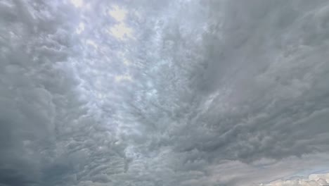 looking up at fluffy gray clouds moving in the sky