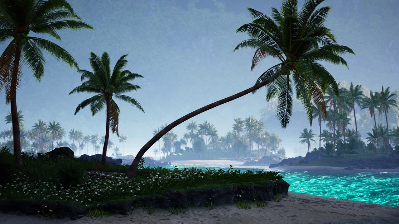 밤이 지날 때 조용한 열대 해변, 흔들리는 종려나무, 반이는 물