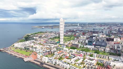 Malmo,-Sweden-drone-cityscape-over-Turning-Torso-skyscraper,-reveal-commercial-and-residential-area