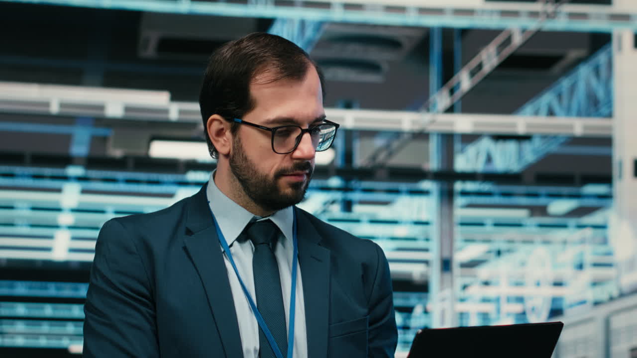 Fokuseret IT-specialist arbejder på bærbar computer i datacenter og smiler derefter