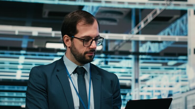 Fokuseret IT-specialist arbejder på bærbar computer i datacenter og smiler derefter