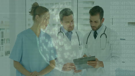 processing medical data, animation over doctors discussing patient information on tablet