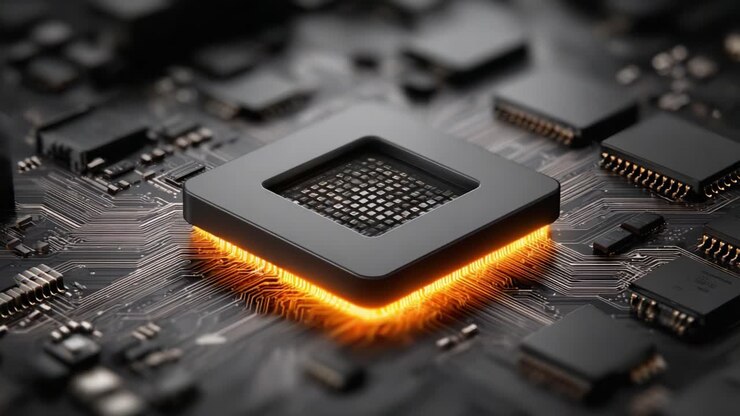 Et detaljeret syn af en glødende mikroprocessor indlejret i et komplekst printkort, der fremhæver den avancerede teknologi, der driver moderne computersystemer