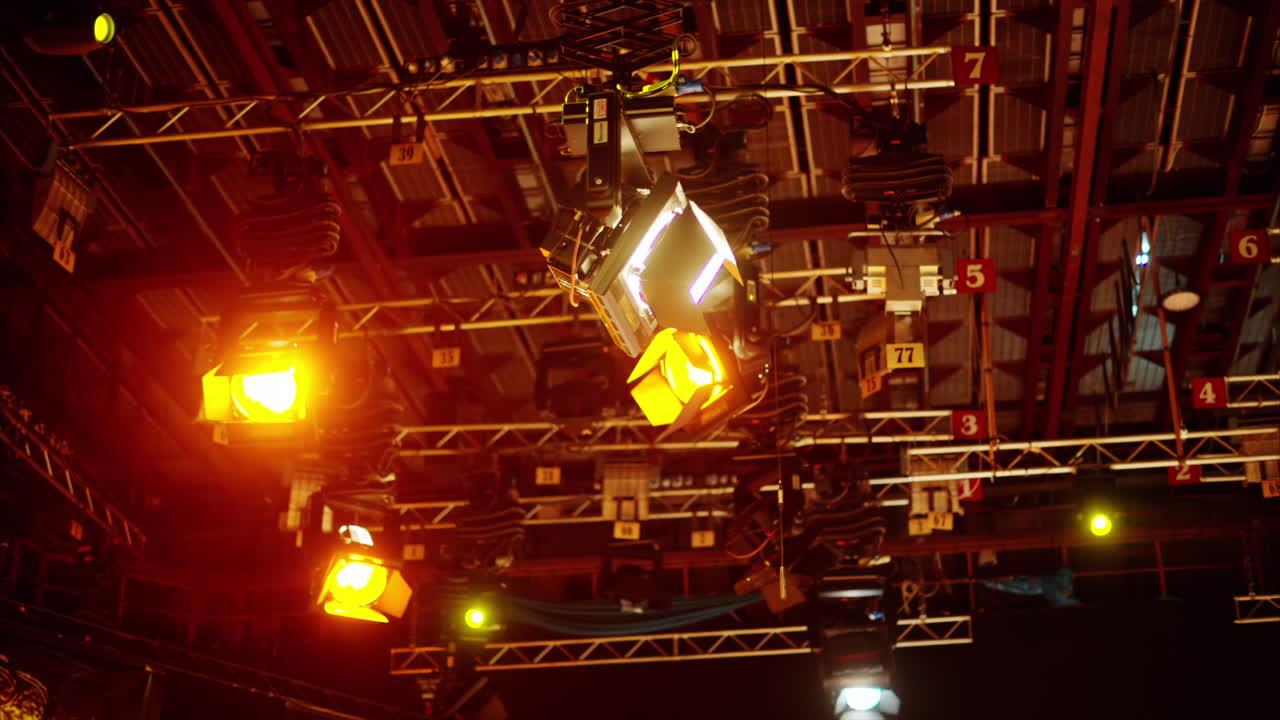 Flashing studio lights equipment on the ceiling of a TV set