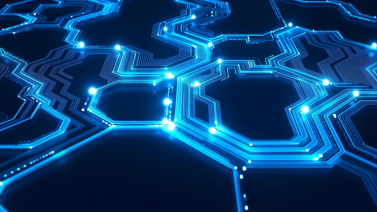 Futuristic blue light forms an abstract circuit network across a dark hexagonal surface, with bright nodes, connecting lines, and a high-tech digital atmosphere