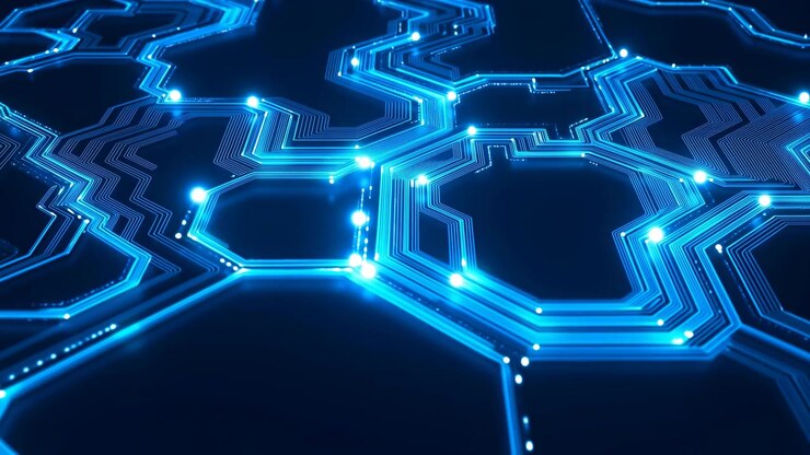 Una luce blu futuristica forma una rete di circuiti astratta su una superficie esagonale scura, con nodi luminosi, linee di connessione e un'atmosfera digitale high-tech.