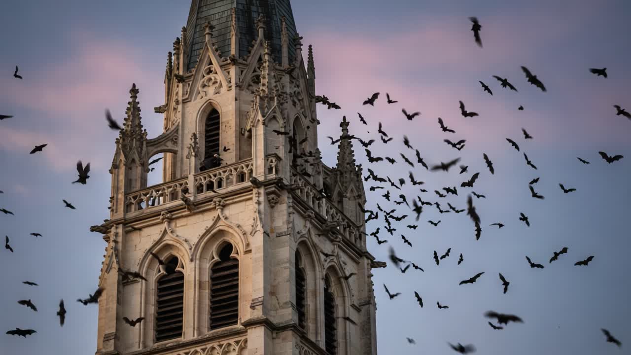 A Majestic Tower Silhouetted Against a Dusk Sky, Home to a Thriving Community of Bats Taking Flight Under the Twilight Glow
