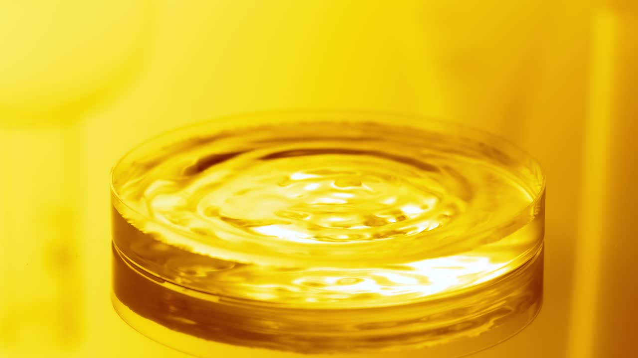 물방울은 파동을 일으키는 액체와 함께 페트리 접시에 떨어집니다.