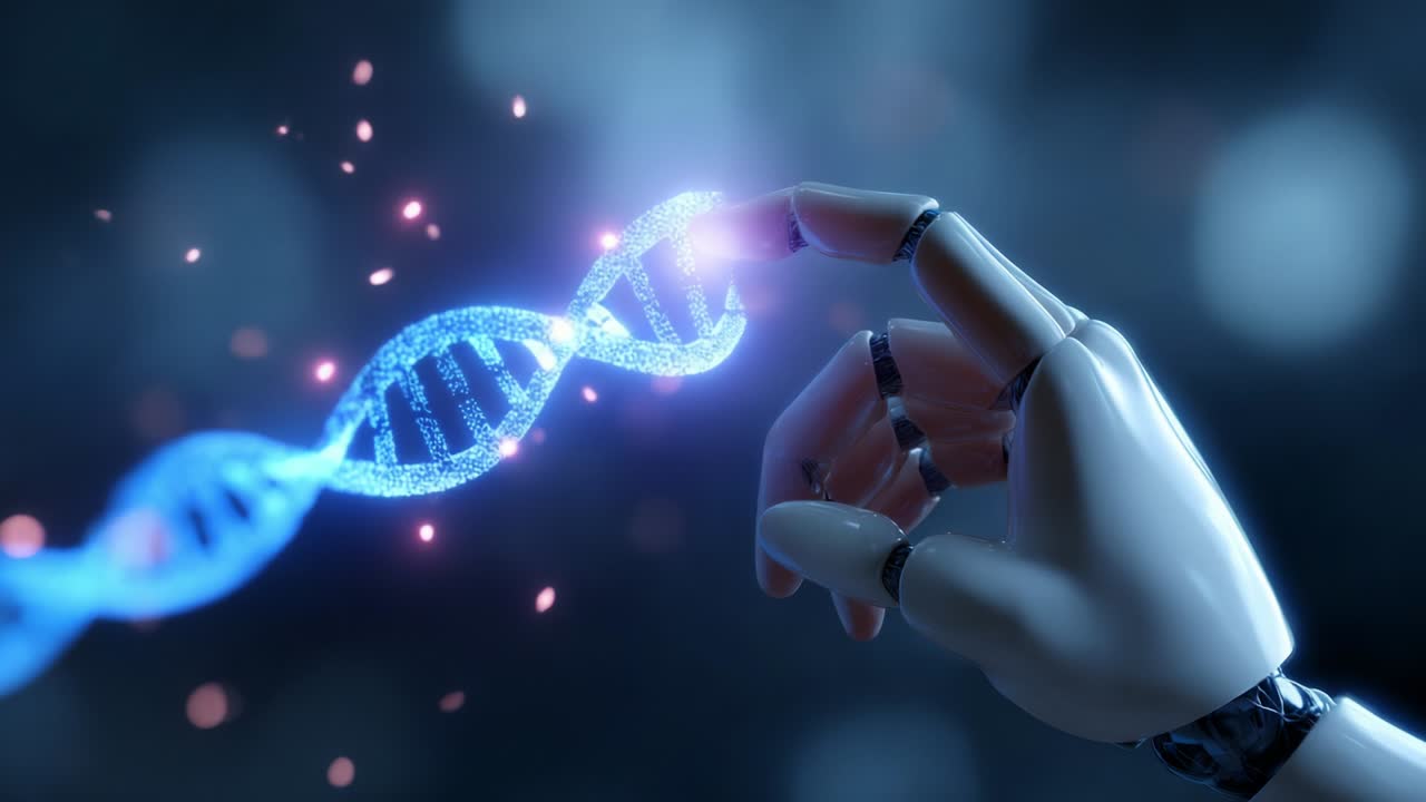 A Fascinating Interaction Between Advanced Robotics and Genetic Science: An Artistic Representation of a Robotic Hand Touching a Glowing DNA Strand, Symbolizing the Fusion of Technology and Biology