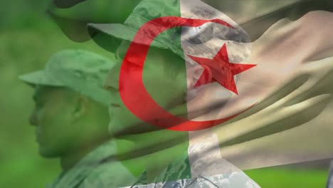 animation of flag of algeria over diverse male soldiers