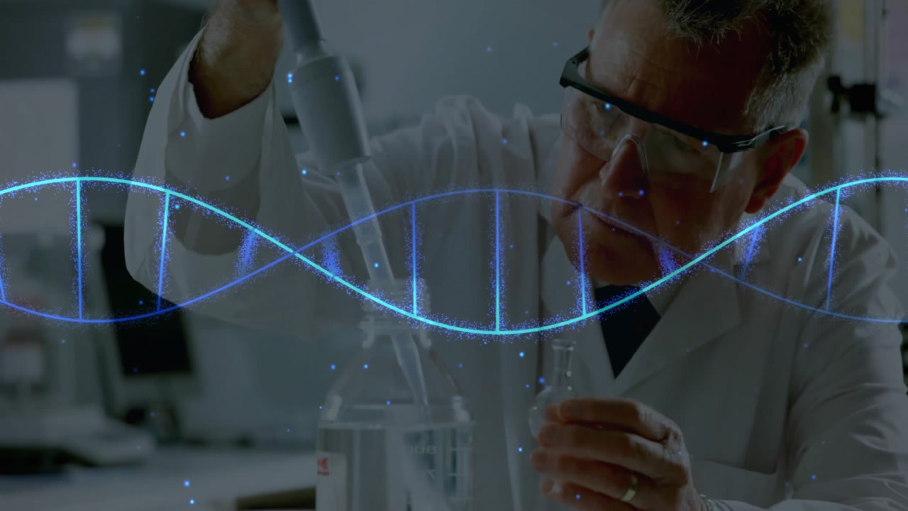 Scientist responding to pulsing DNA helix drawing solution into vial from beaker showing genetics