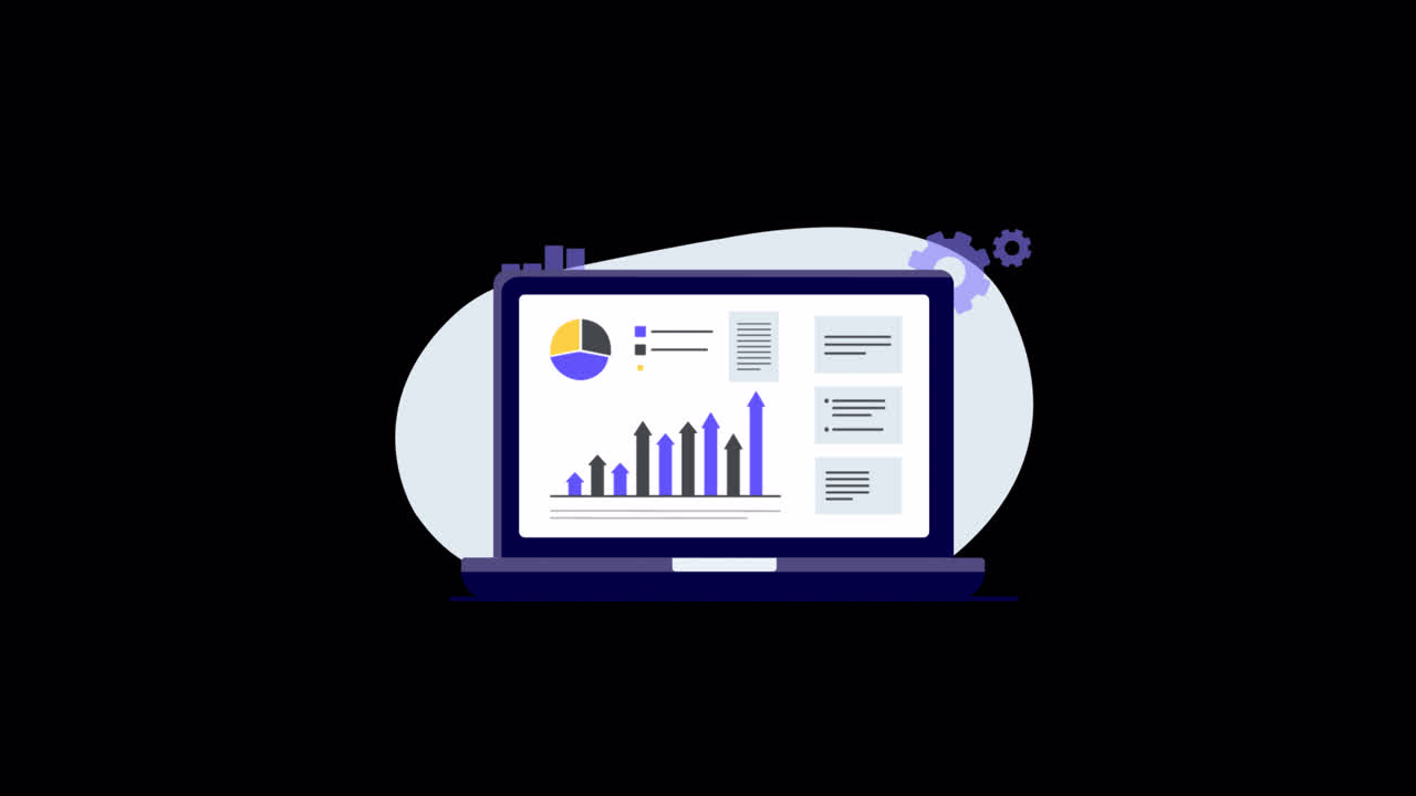 Animated Laptop Displaying Data Analysis and Business Charts