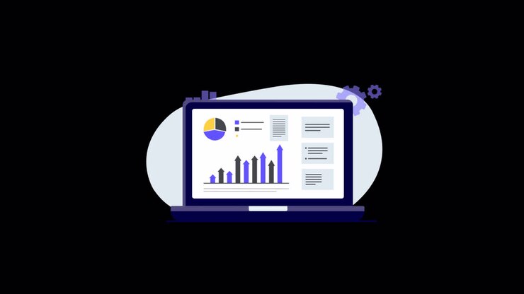 Animated Laptop Displaying Data Analysis and Business Charts