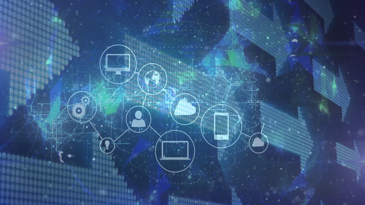 Technology icons connecting across global map, forming neon network with arrows and particles