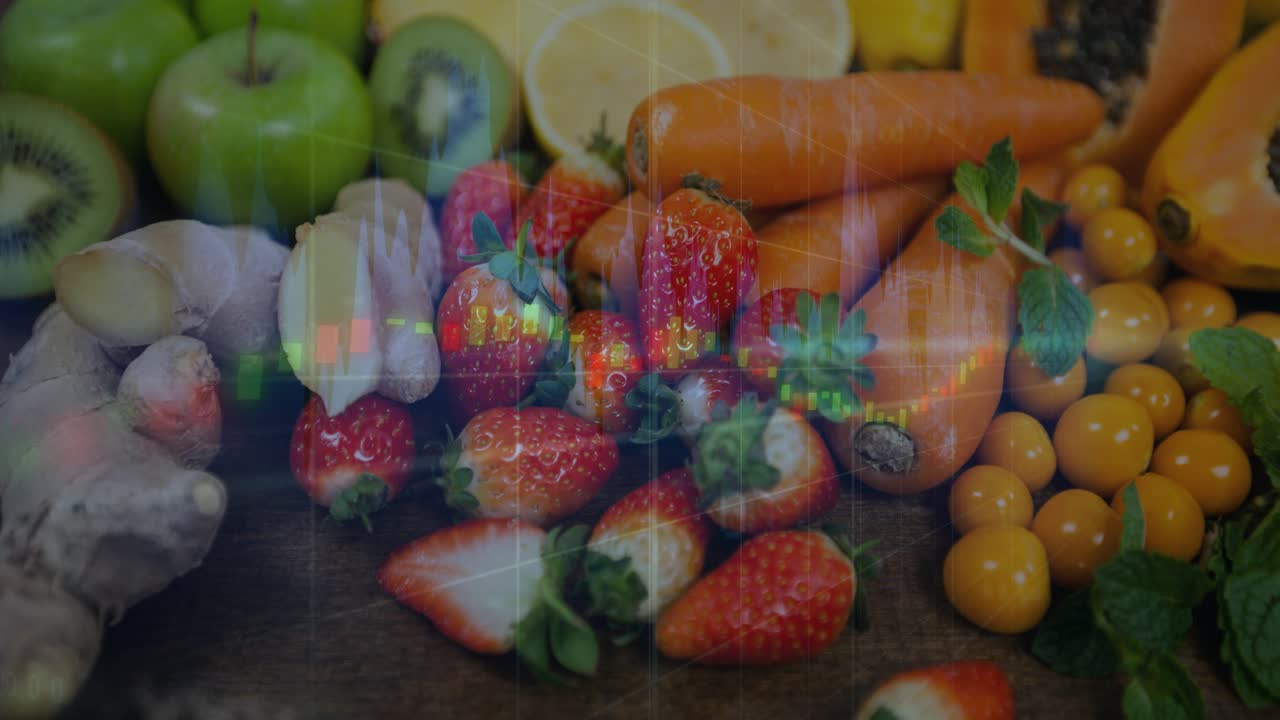 Projected color overlay starting left moving across produce growing then fading highlighting fruits