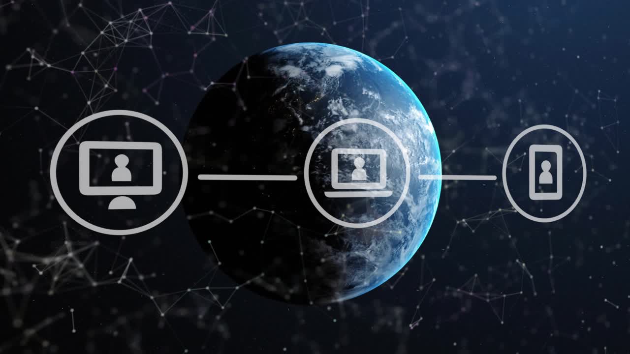 PC popping, linking laptop phone over planet, devices sliding fading, showing tech