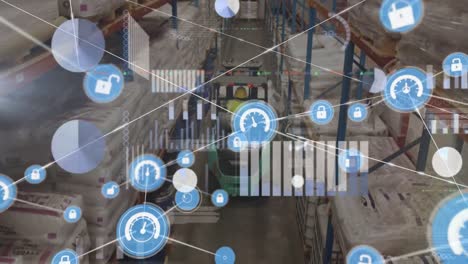 animation of network of connections with data processing over caucasian male worker in warehouse