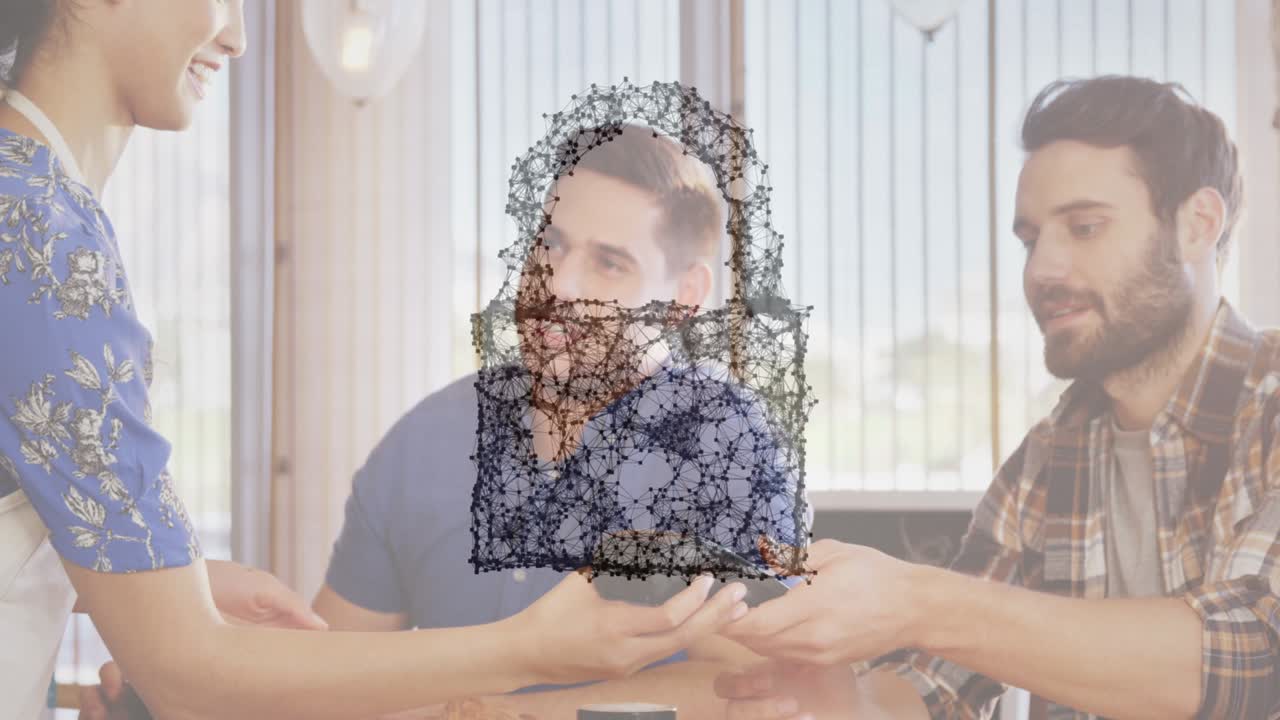 animación del candado de seguridad de la red sobre las personas que utilizan el terminal de pago