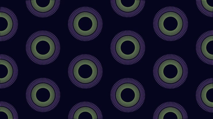 Neon futuristic circles pattern with rainbow lines on black gradient