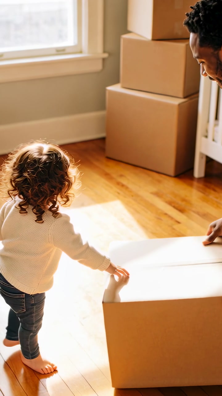 Vertical video: Helping child pushing big box at nursery during move man in rolled sleeve guiding
