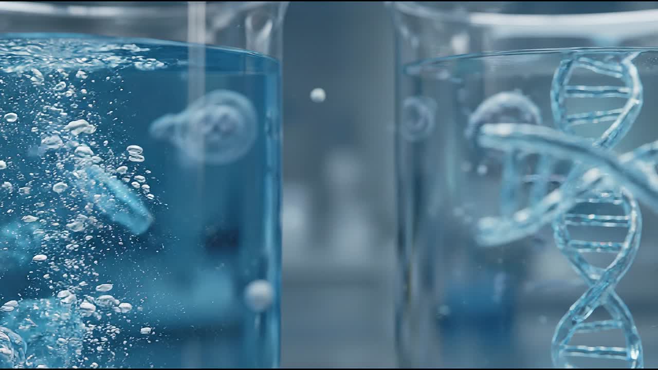 Transparent DNA double helix suspended in laboratory liquid environment with floating cells