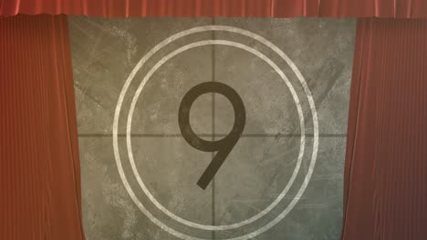 animation of vintage movie countdown in circle over brown curtains