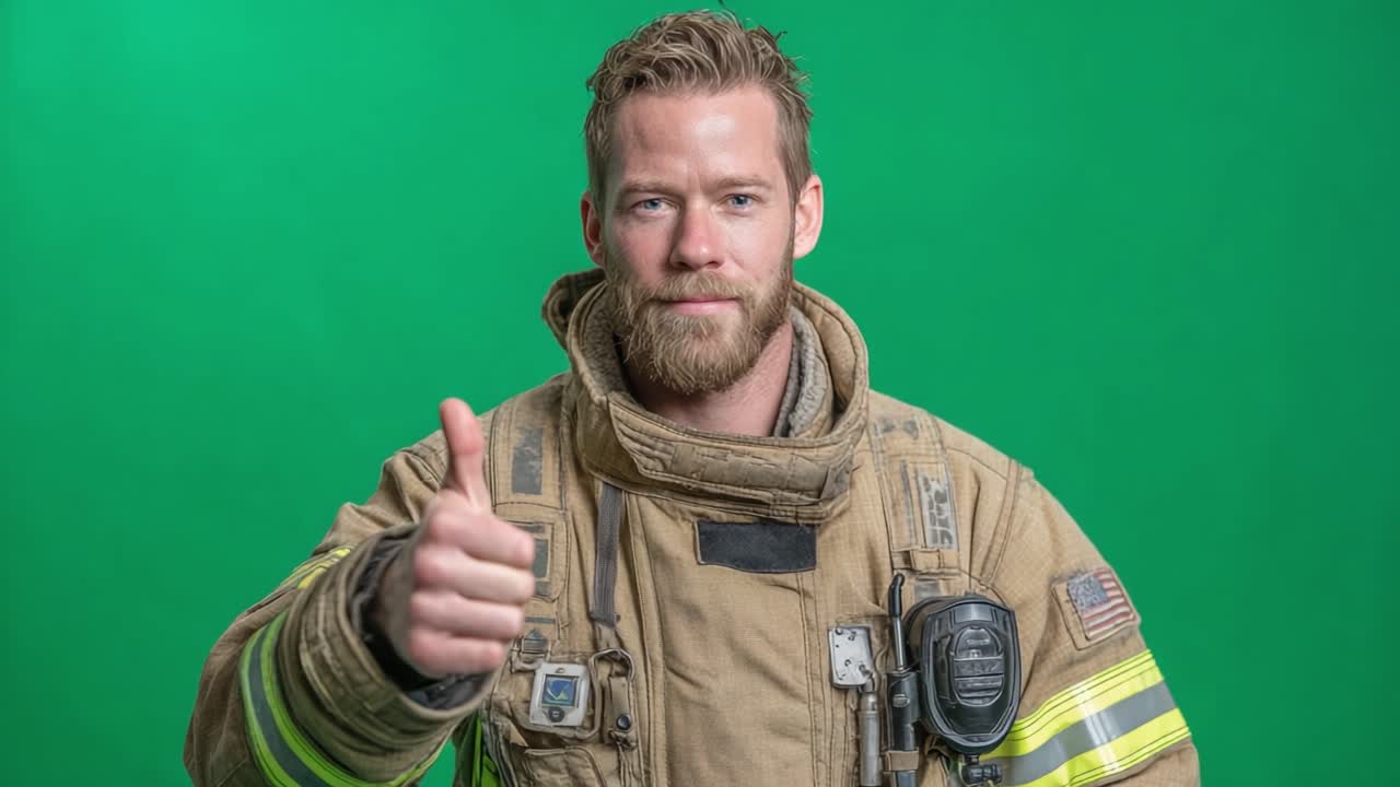 A confident firefighter in full gear gives a thumbs-up gesture, showcasing positivity and readiness to serve in challenging situations against a vibrant green screen background
