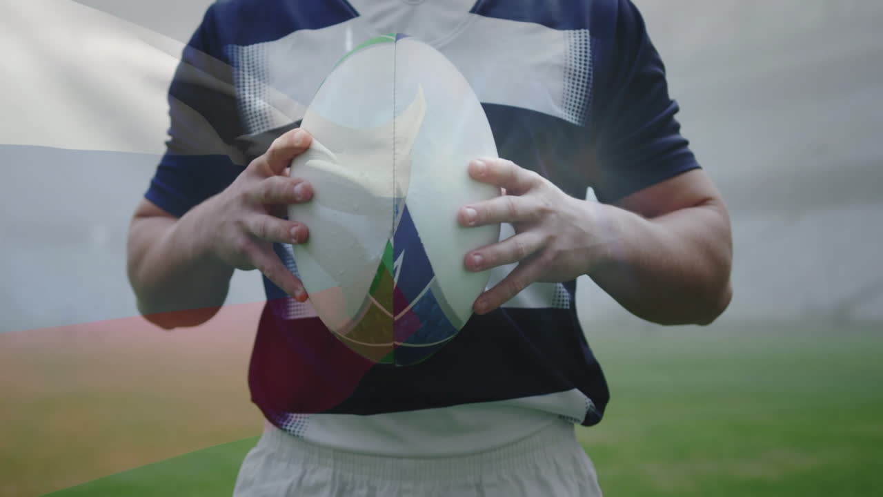 Holding rugby ball, player with Czech Republic flag animation on field