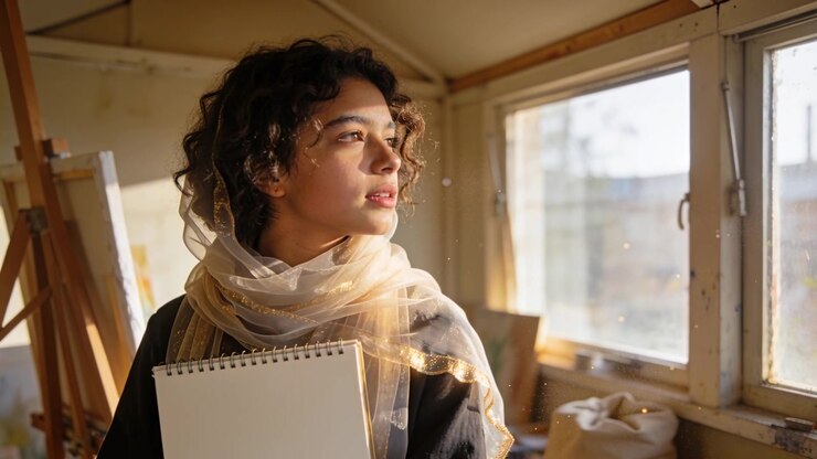 Gazing woman responding to sunlight, wearing gold-trimmed scarf, holding sketchpad