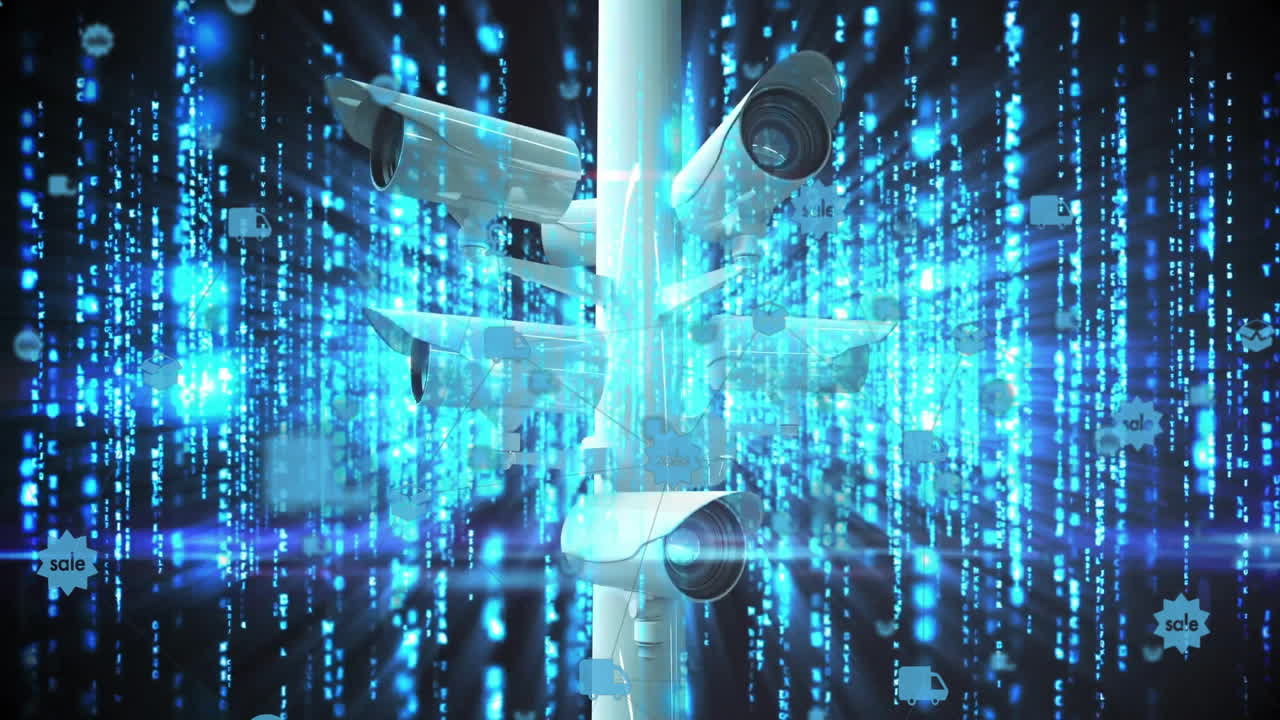 Animation of surveillance cameras with digital binary code and data streams