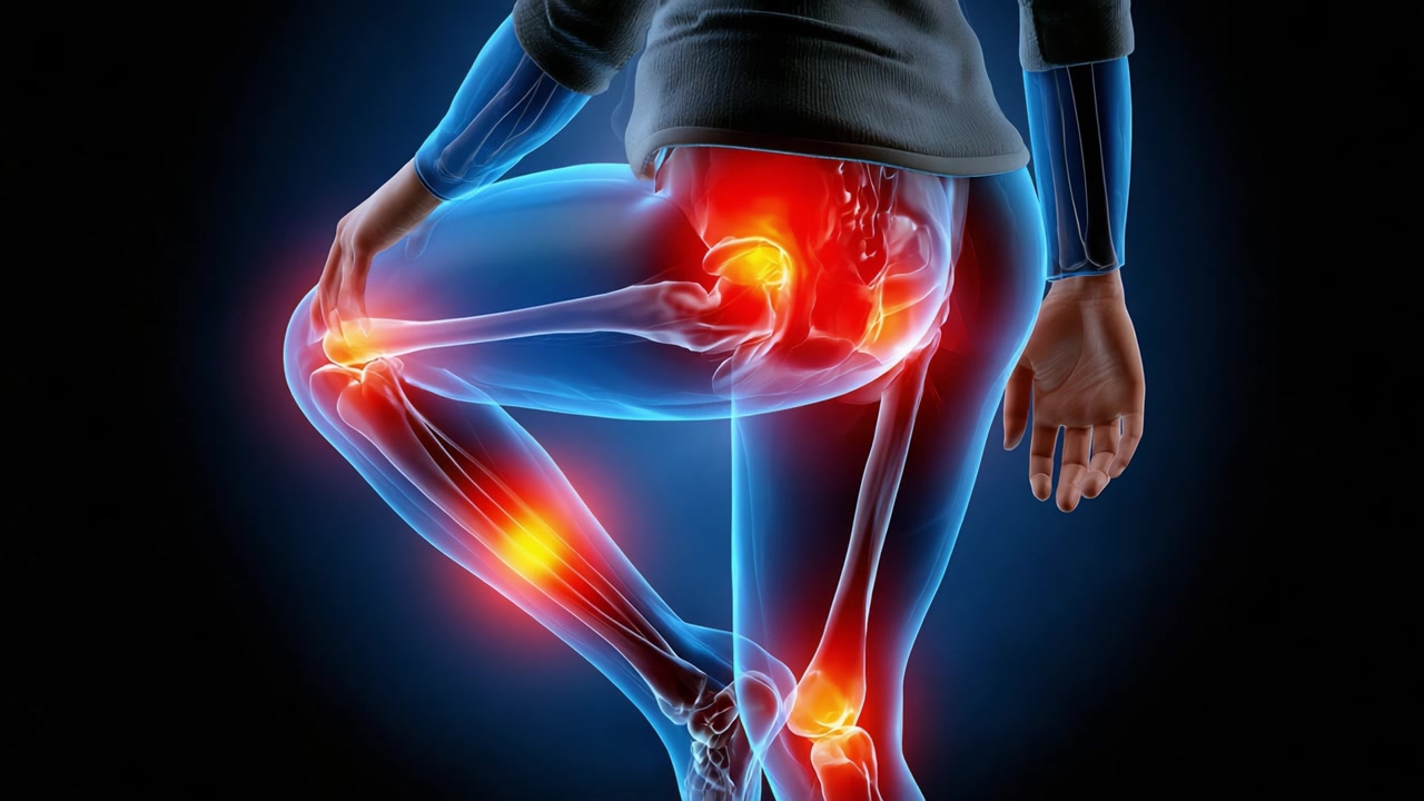 Un'illustrazione dettagliata della parte inferiore del corpo umano che evidenzia gli effetti del dolore articolare e dell'infiammazione sulle regioni del ginocchio e dell'anca in un contesto anatomico.