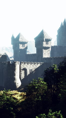 a stone medieval castle in a foggy mountain landscape