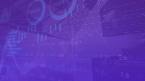 Animation-Der-Statistik--Und-Börsendatenverarbeitung-Vor-Dem-Hintergrund-Hoher-Gebäude-Aus-Der-Tiefwinkelansicht