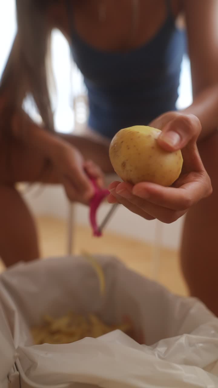 Person peeling a potato with a peeler over a trash bin