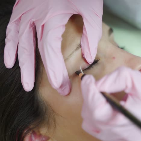 a cosmetologist is making arrows to the client with a professional brush for permanent make-up. permanent eye makeup. cosmetology