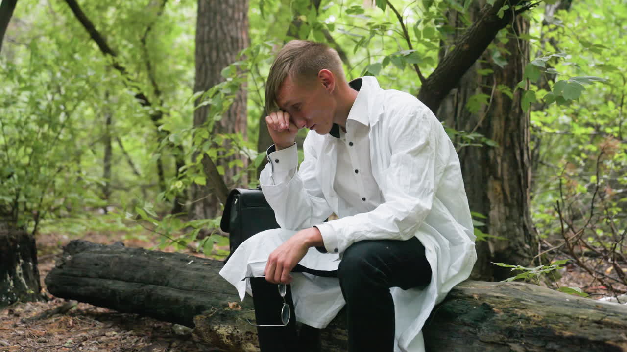 Young biologist in white coat sitting on dry stump in forest looking tired and exhausted, scratching eyes while holding glasses in hand with bag beside him, showing fatigue during outdoor ecological