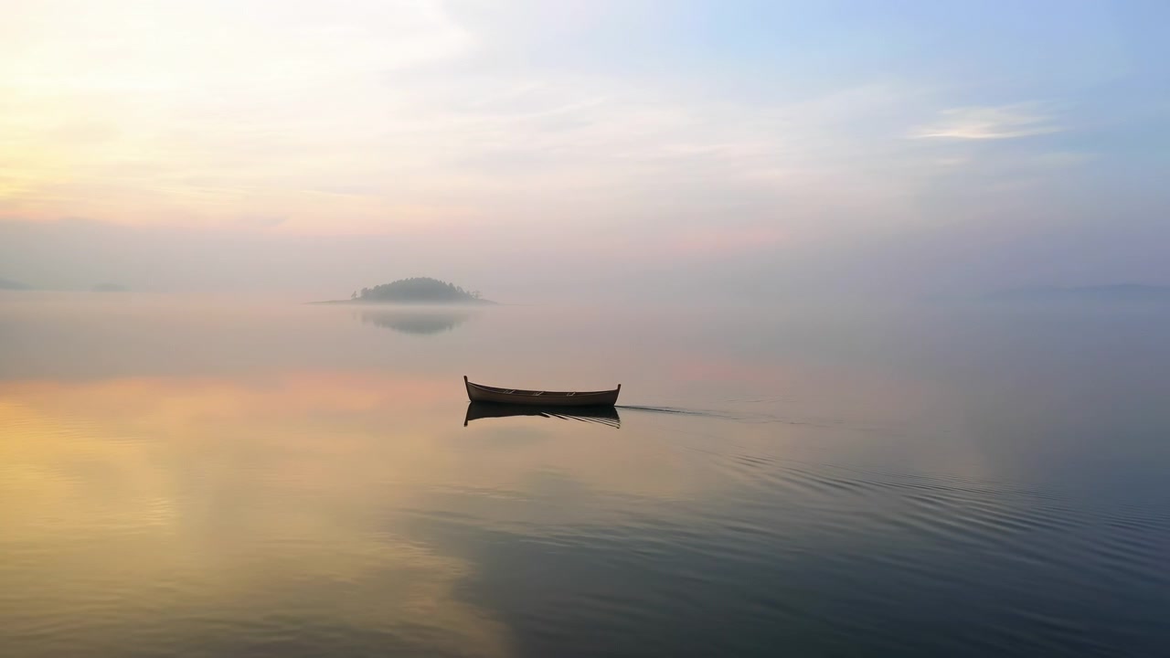Lonely Boat On Misty Lake Sunrise, Drifting Near Distant Island, Pastel Sky Reflected On Glassy Water, Soft