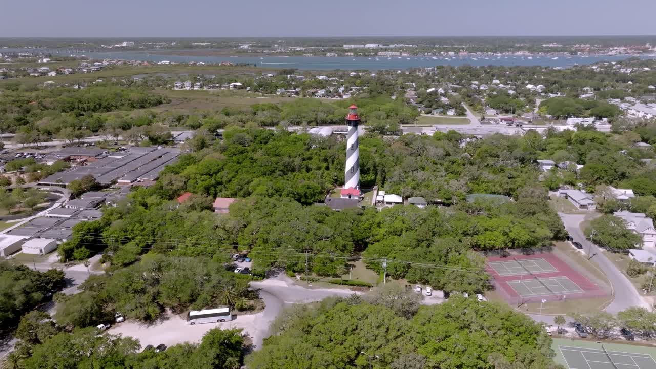 St. Augustine lighthouse in St. Augustine, Florida with drone video moving close and moving in.